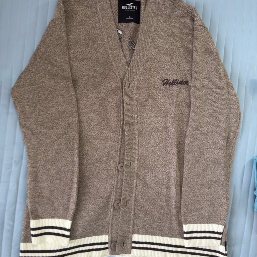 Hollister Men's Tan Cardigan with Striped Accents